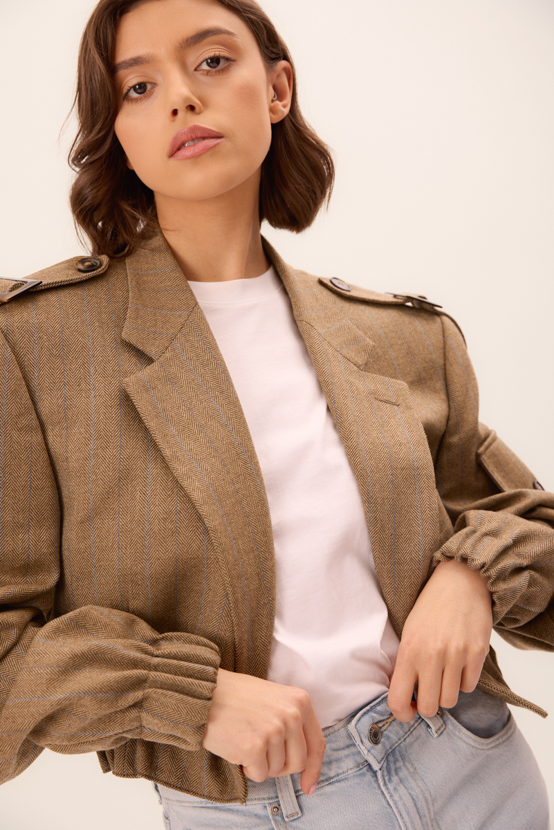BEIGE HERRINGBONE BOMBER JACKET