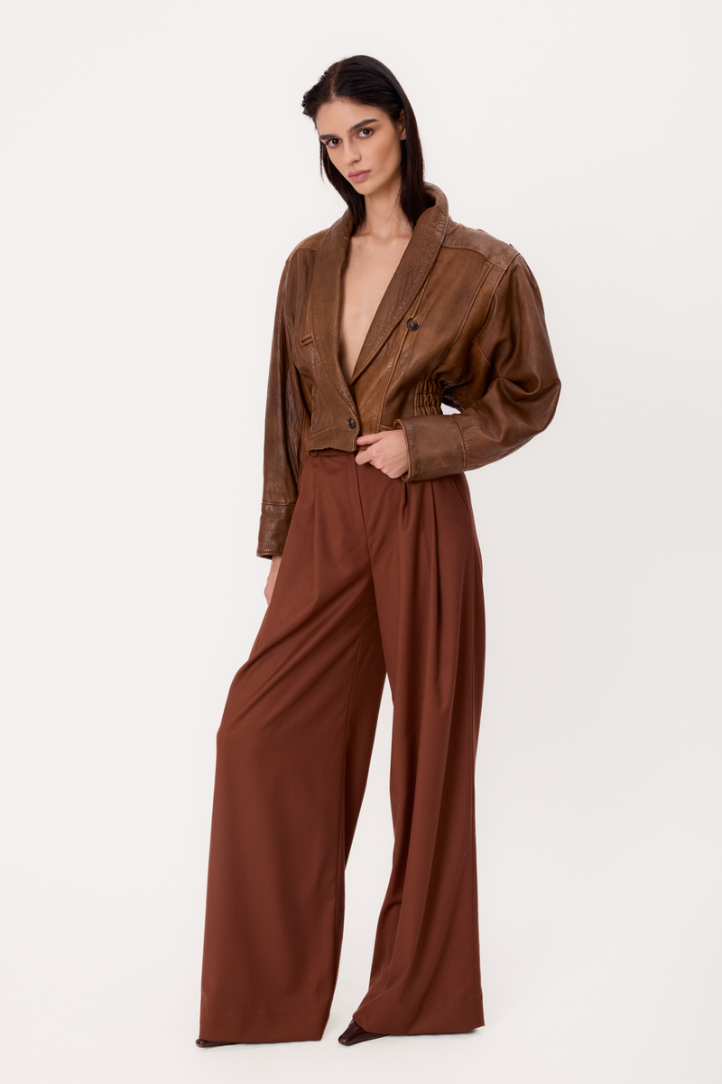 BROWN DIPPED LEATHER JACKET WITH ADJUSTABLE WAIST