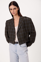 DARK GREEN TALL SHORT BOMBER JACKET WITH BLUE CHECKERED