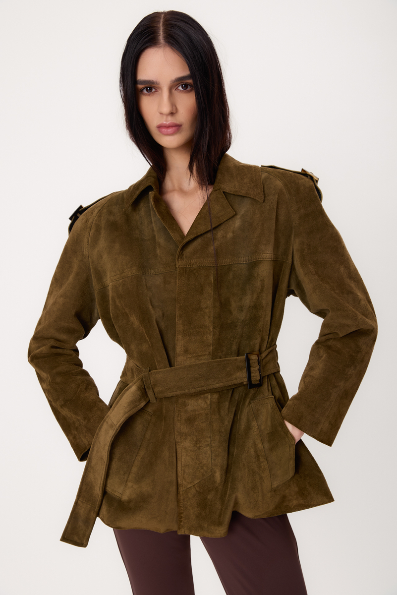 LONG GREEN SUEDE LEATHER JACKET WITH ADJUSTABLE WAIST AND BELT