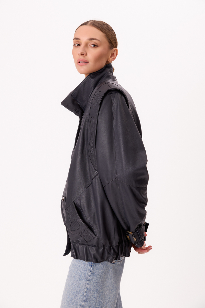 LONG NAVY BLUE LEATHER JACKET WITH POCKETS