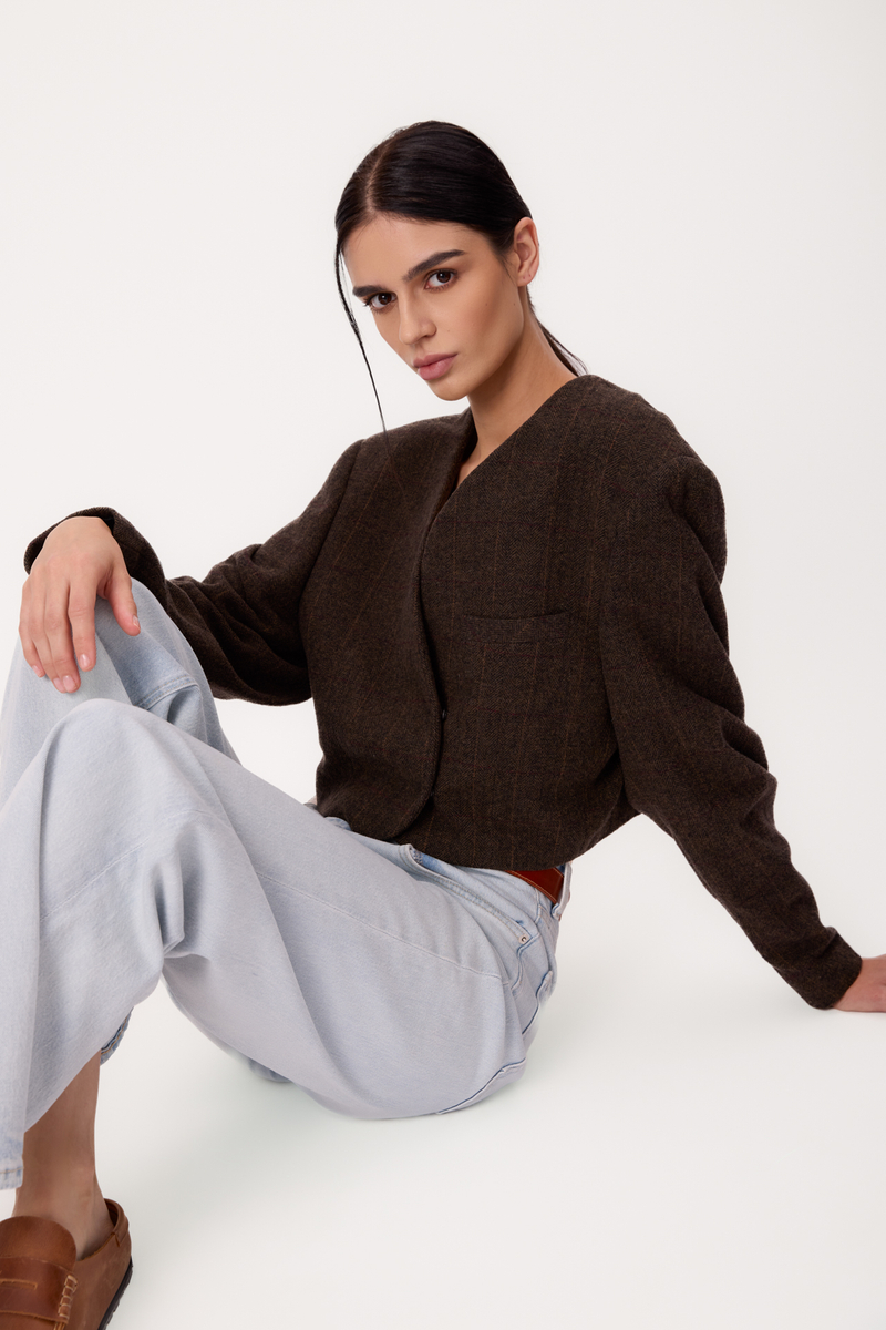 SHORT STRAIGHT CHOCOLATE CHECKED PETITE JACKET