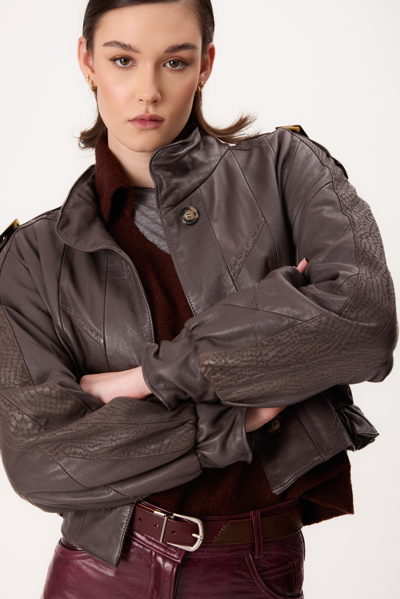 DARK GRAY LEATHER JACKET WITH DECORATIVE PATTERN AND EPADS