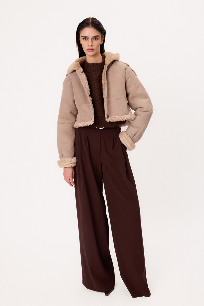 BEIGE NATURAL SHEEPSKIN COAT WITH HOOD