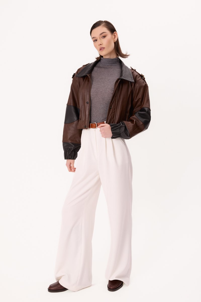 BROWN AND BLACK LEATHER BOMBER JACKET