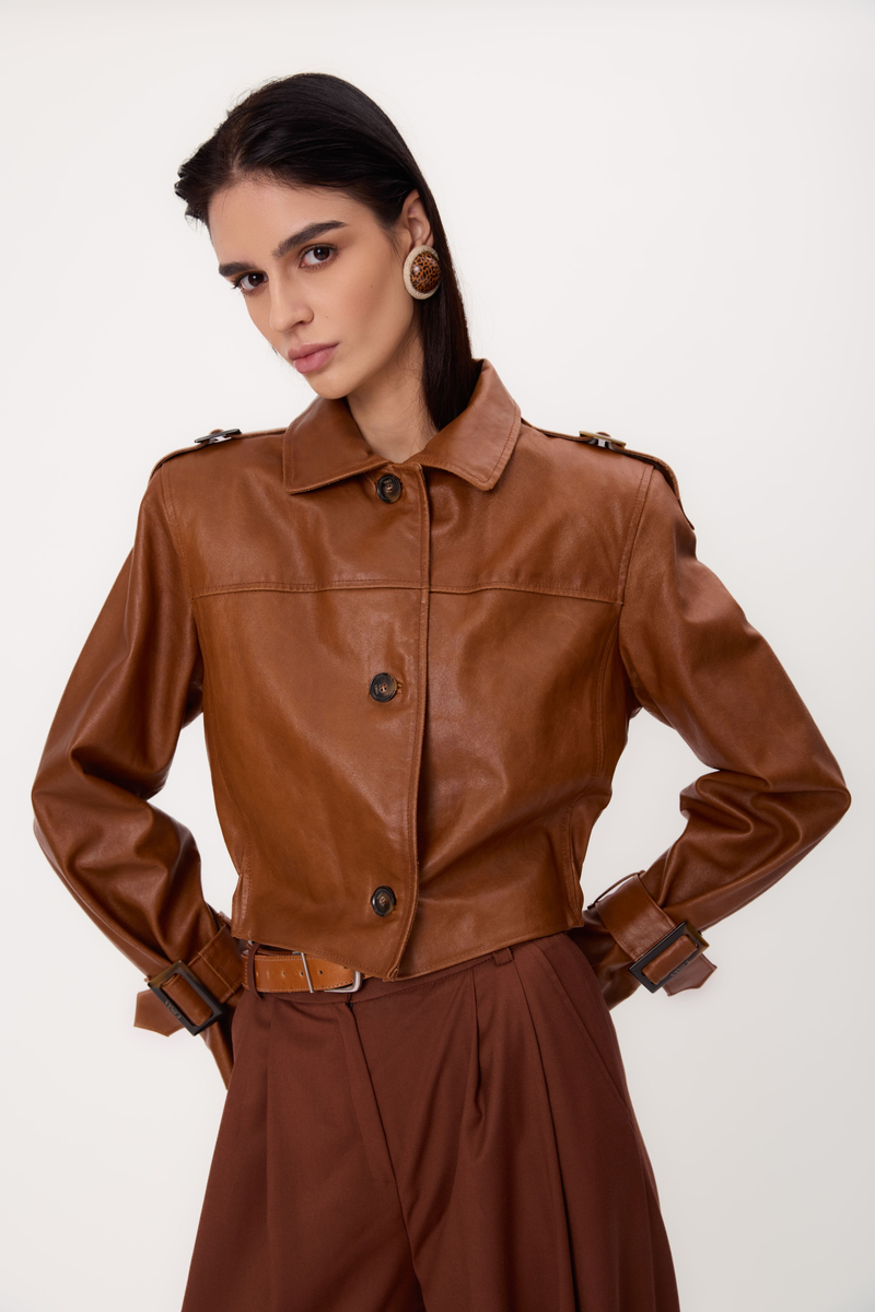 SHORT RED REGULAR LEATHER JACKET IN BOMBER CUT