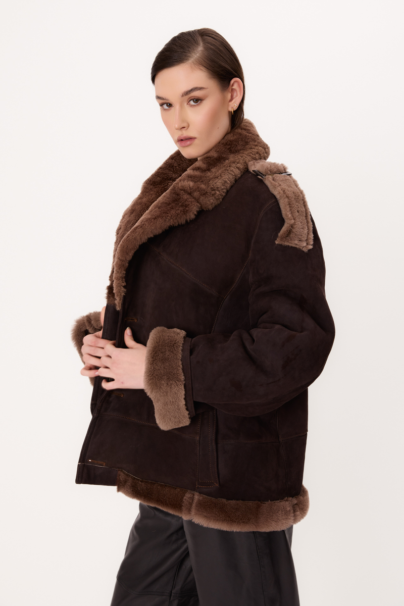 LONG CHOCOLATE NATURAL SHEEPSKIN WITH STRAPES