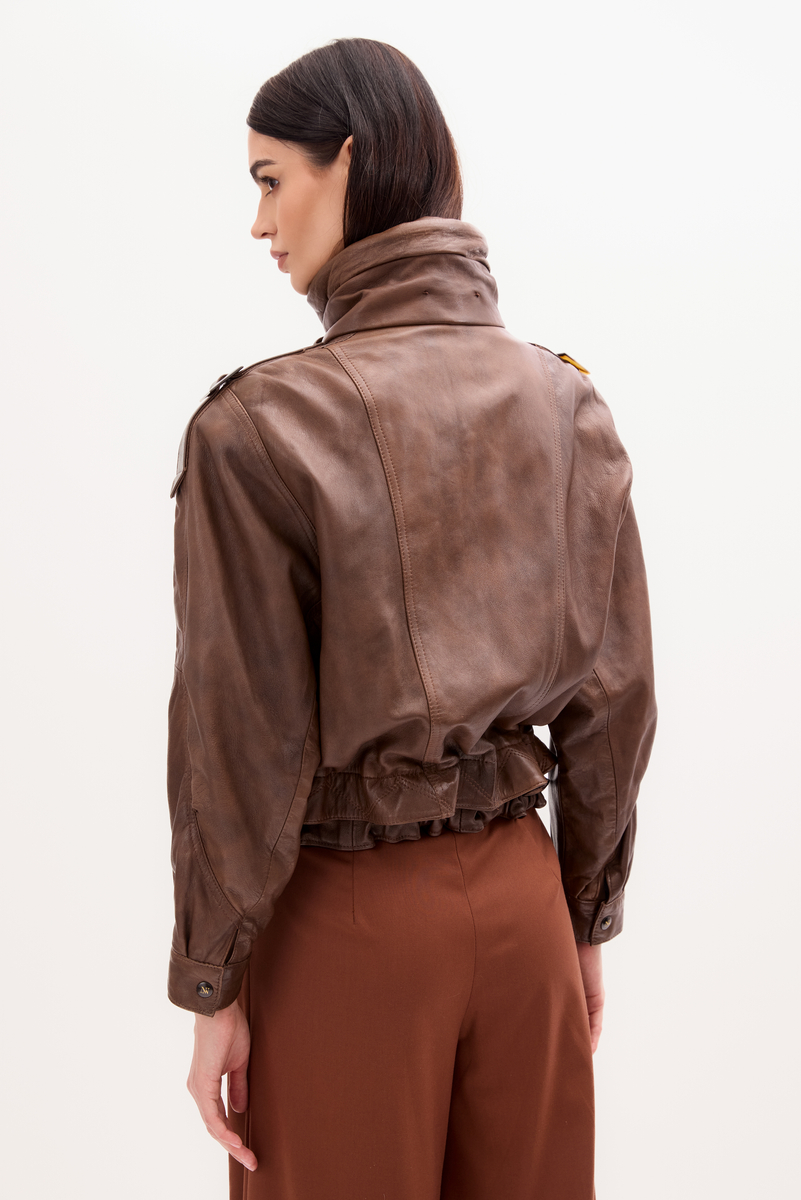 CHOCOLATE LEATHER BOMBER JACKET WITH HIGH COLLAR