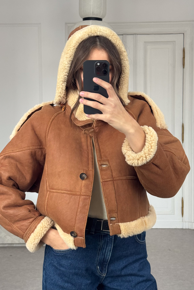 BEIGE NATURAL SHEEPSKIN COAT WITH DETACHABLE HOOD