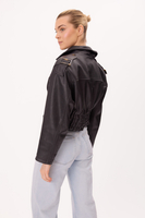 SHORT WAISTED BLACK LEATHER JACKET WITH EPADS