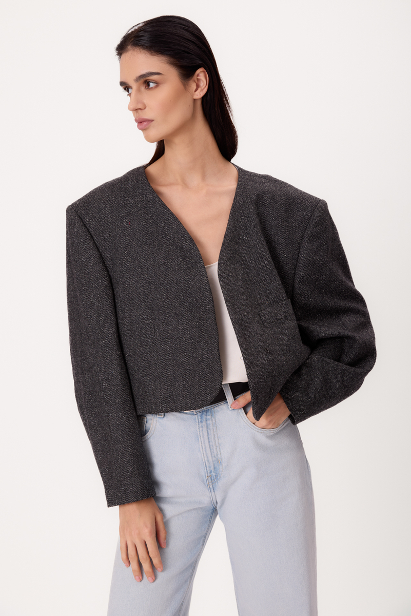 SHORT STRAIGHT GRAY REGULAR HERRINGBONE JACKET