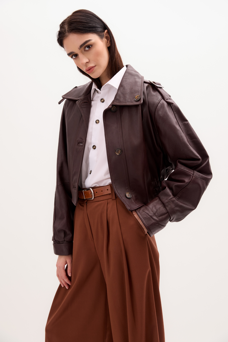 BROWN OVERSIZE LEATHER JACKET WITH HIGH COLLAR