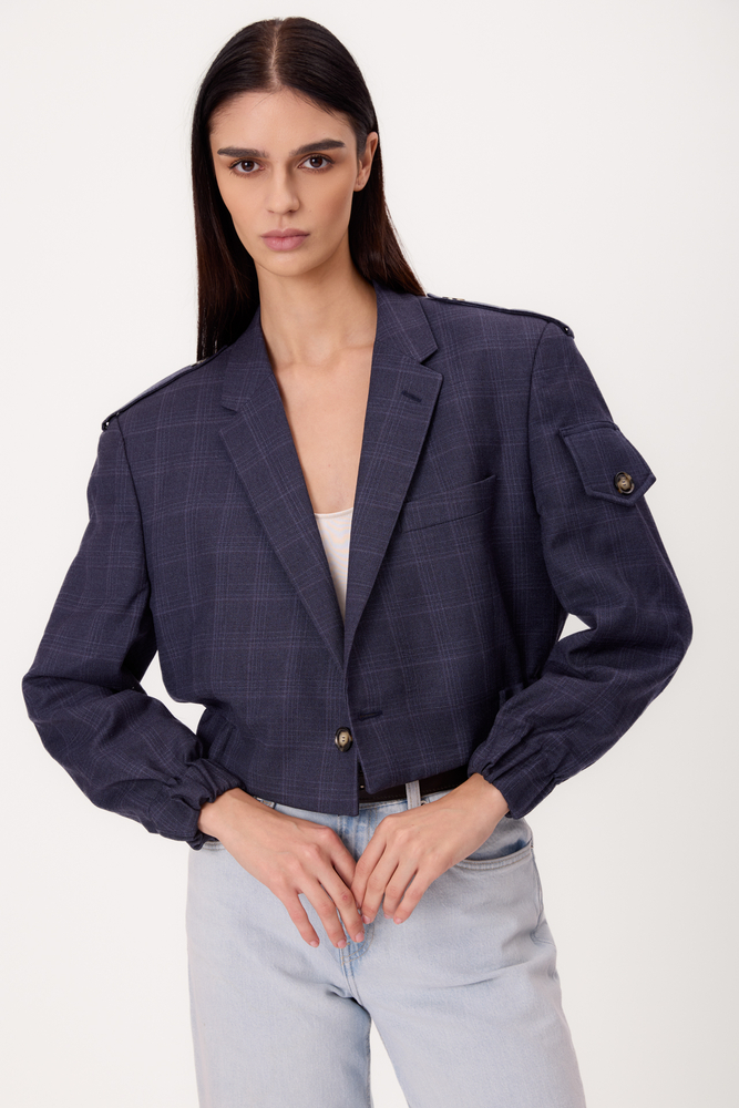SHORT REGULAR NAVY CHECKED BOMBER JACKET