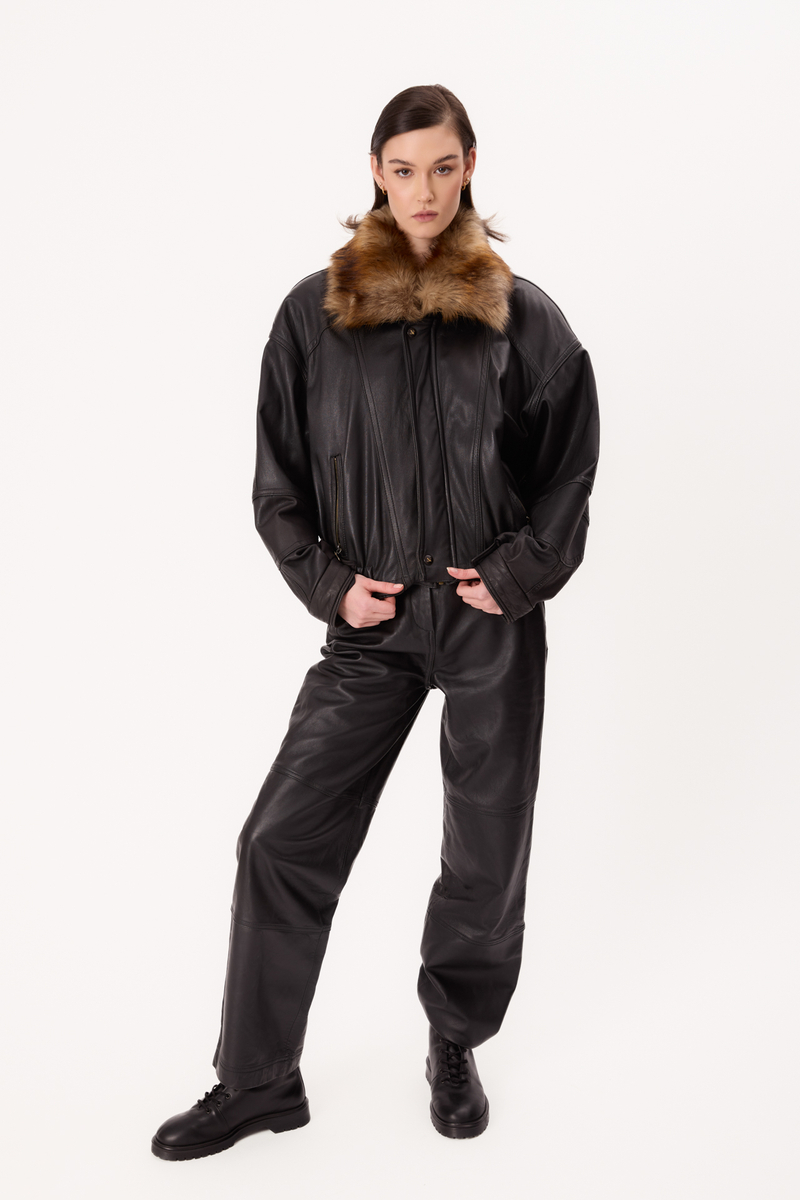 BLACK LEATHER JACKET WITH DETACHABLE FUR COLLAR