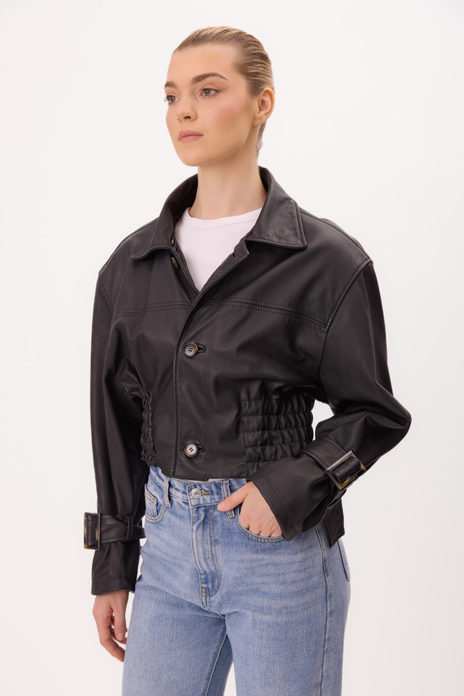 SHORT WAISTED BLACK LEATHER JACKET WITH BUCKLES