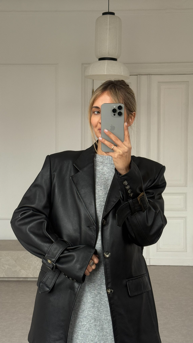 LONG WAISTED LEATHER JACKET WITH BUCKLES