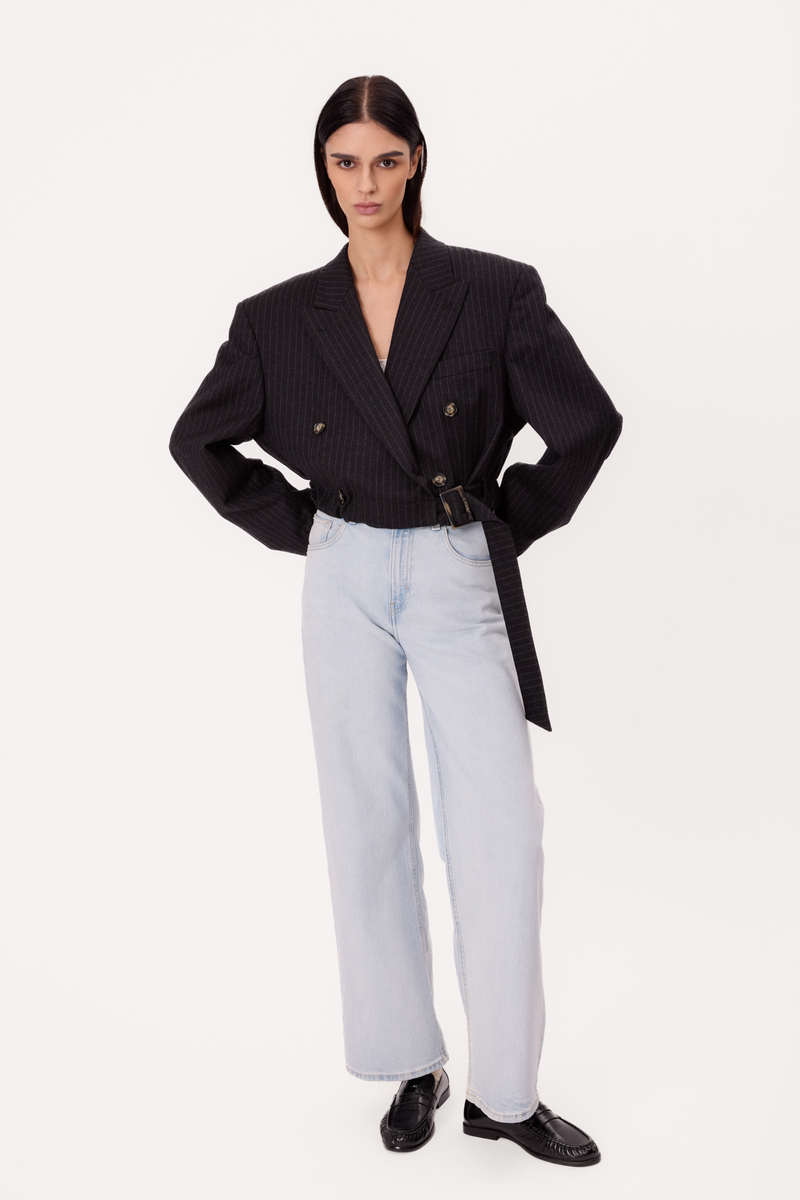 SHORT STRAIGHT NAVY BLUE TALL JACKET WITH LIGHT PINSTRIPE WITH BELT MODEL No3