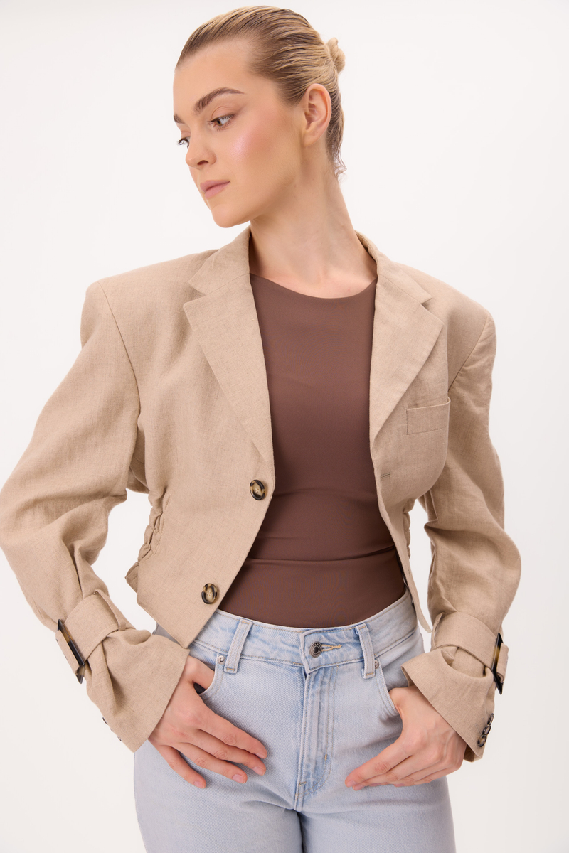 BEIGE LINEN JACKET No5 WITH STRONG SHOULDER AND ADJUSTABLE WAIST