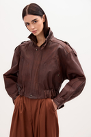 BROWN LEATHER BOMBER JACKET WITH BUTTON-UP COLLAR