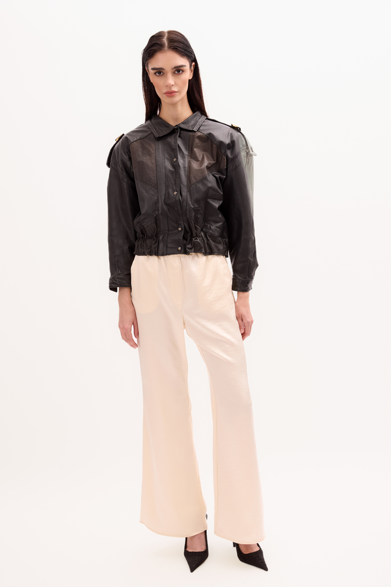 BLACK BOMBER LEATHER JACKET WITH EMBELLISHMENTS