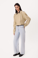 LIGHT BEIGE ADJUSTABLE WAIST TALL LEATHER JACKET WITH BLACK INSERTS