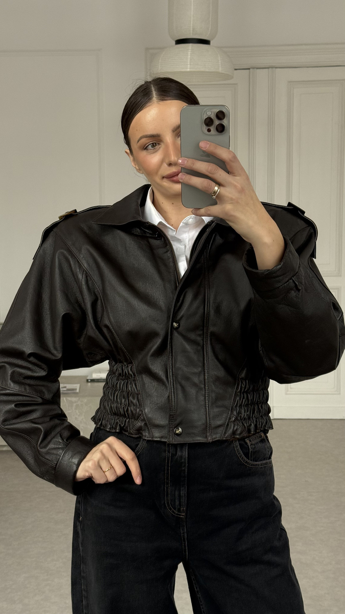 BLACK LEATHER JACKET WITH KIMONO SLEEVES