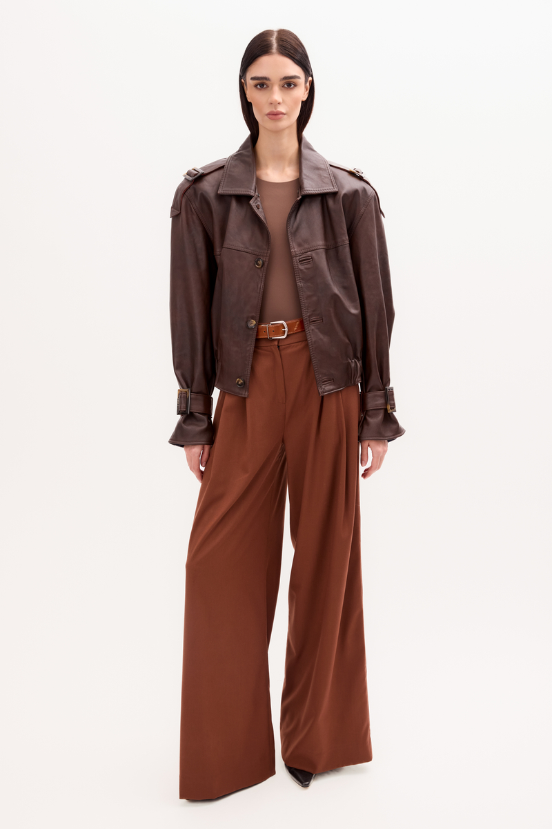 BROWN LEATHER BOMBER JACKET