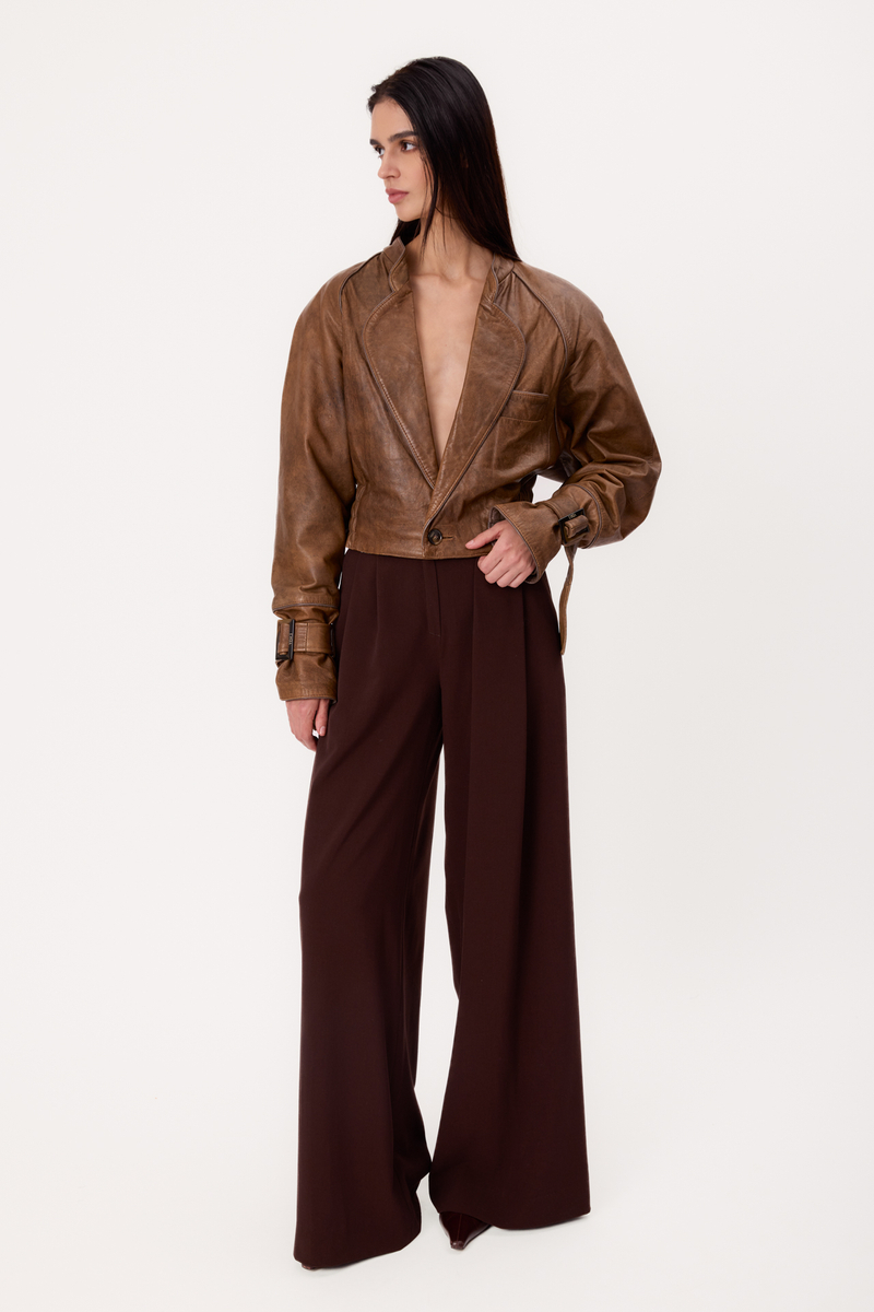 SHORT BROWN ADJUSTABLE WAIST DIPPED REGULAR LEATHER JACKET