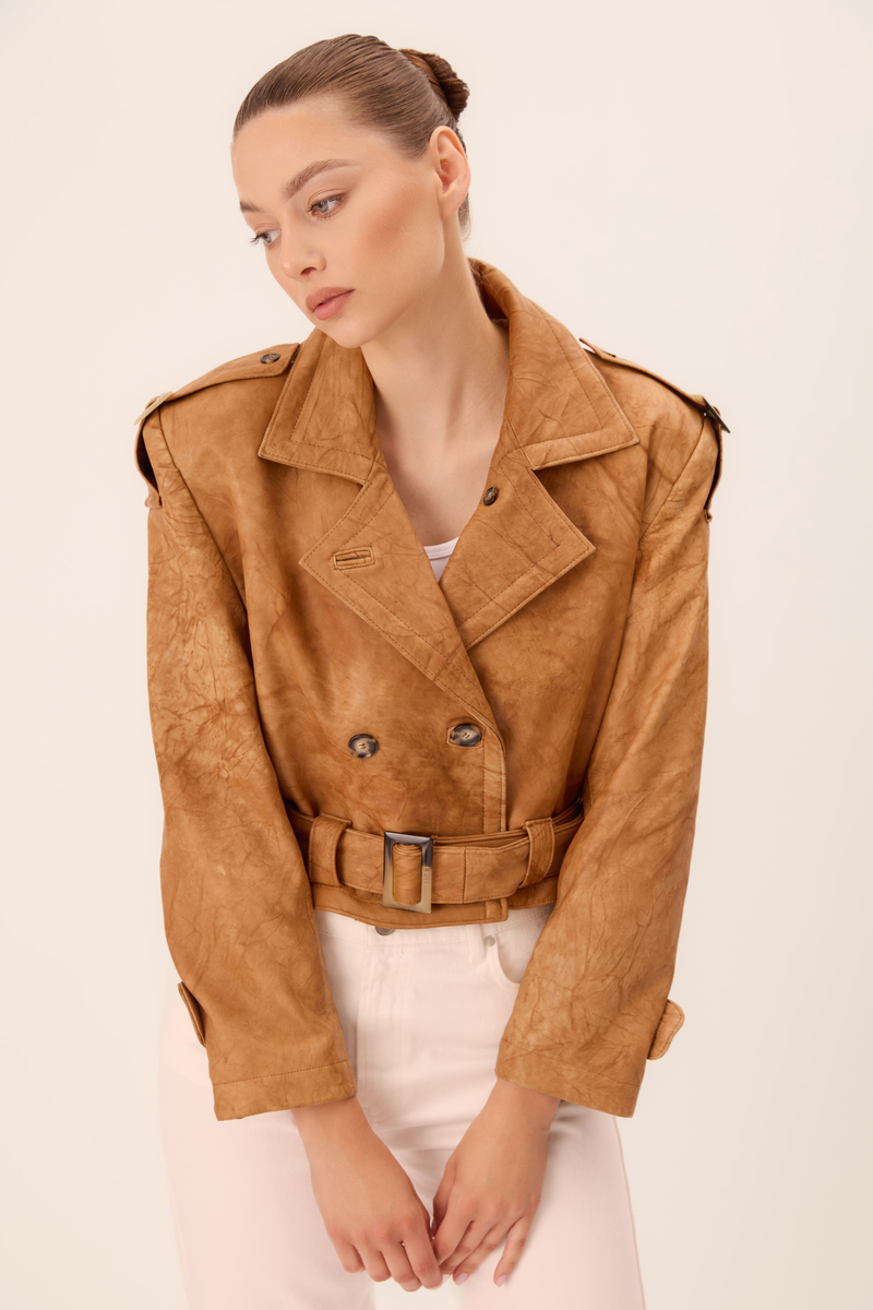 CARAMEL LEATHER JACKET WITH WAIST BELT AND DECORATIVE BUCKLES