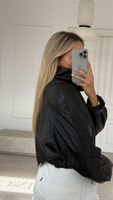 BLACK SHORT WAISTED LEATHER JACKET WITH HIGH COLLAR
