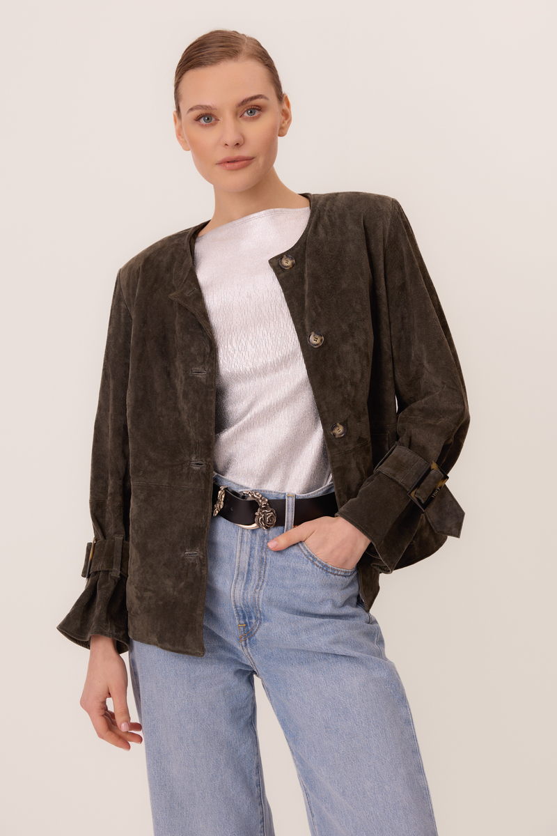 DARK GREEN LONG SUEDE LEATHER JACKET