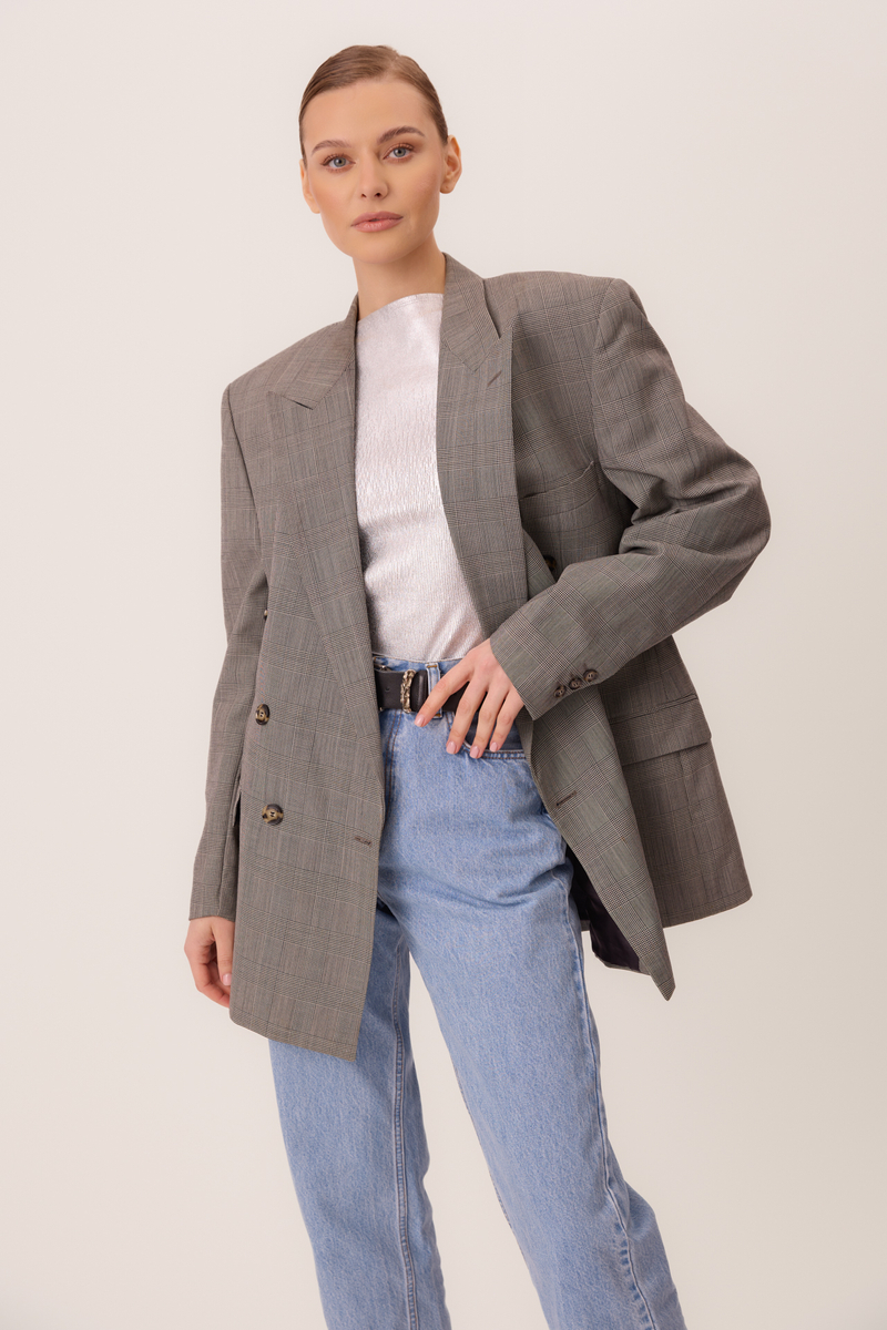 LONG GRAY DOUBLE-BREASED JACKET WITH ADJUSTABLE WAIST