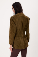 LONG GREEN SUEDE LEATHER JACKET WITH ADJUSTABLE WAIST AND BELT