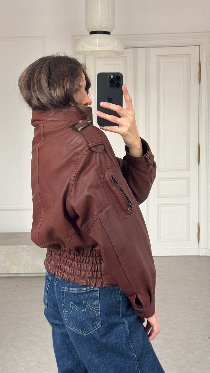 BROWN LEATHER JACKET WITH HIGH COLLAR