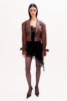 BROWN LEATHER JACKET WITH BUCKLES AND DEEP COLLAR