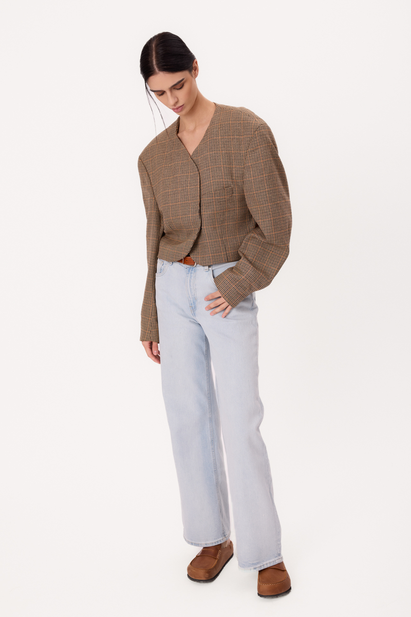 SHORT STRAIGHT BEIGE REGULAR JACKET WITH HOUNDSTOOTH AND LIGHT CHECK MODEL No9