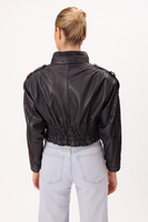 SHORT WAISTED BLACK LEATHER JACKET WITH MANDARIN COLLAR