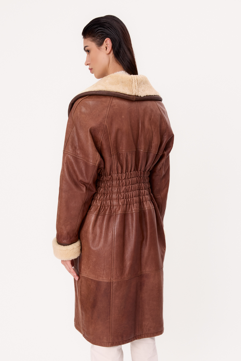 LONG BROWN ADJUSTABLE WAIST SHELLCOAT WITH WHITE FUR