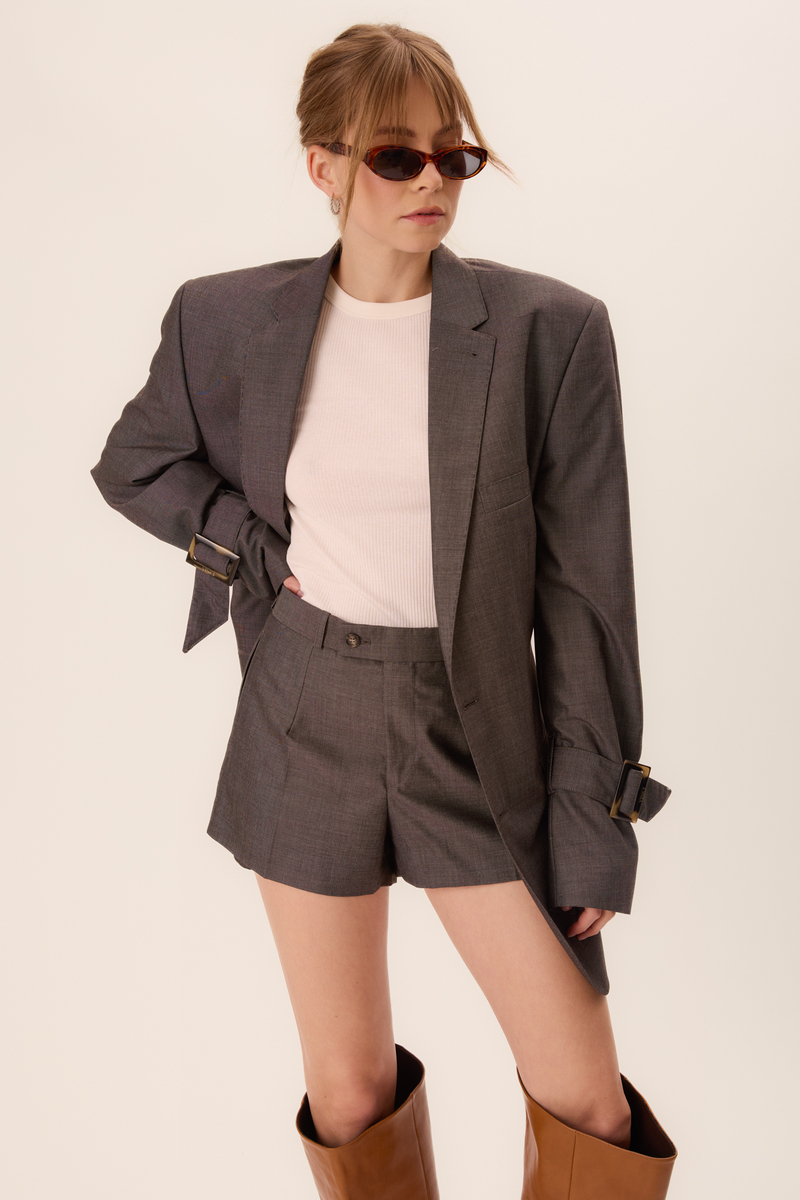 GREY SUIT SET SHORTS AND JACKET WITH BUCKLES