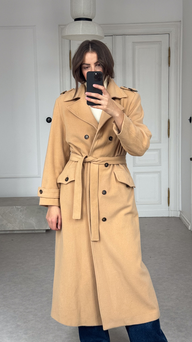 MAXI BEIGE ADJUSTABLE WAIST WOOL COAT