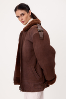 LONG BROWN NATURAL SHEEPSKIN COAT WITH A ZIPPER