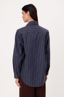 NAVY BLUE STRIPED OVERSIZED REGULAR SHIRT WITH DETACHABLE PADS