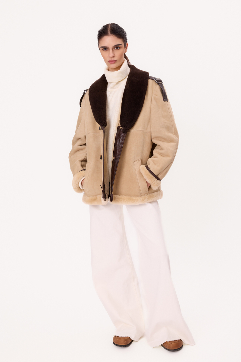 LONG BEIGE TALL SHEEPSKIN COAT WITH BROWN INSERTS