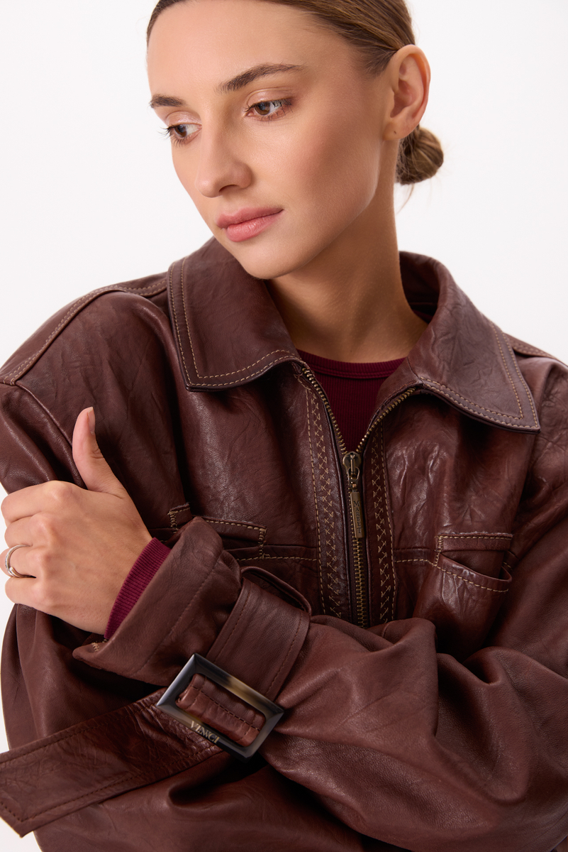 BROWN LEATHER JACKET WITH BUCKLES