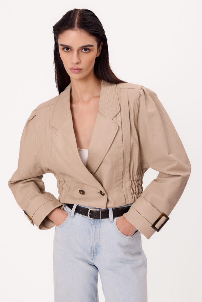 BEIGE ADJUSTABLE WAIST PETITE LEATHER JACKET WITH BUCKLES