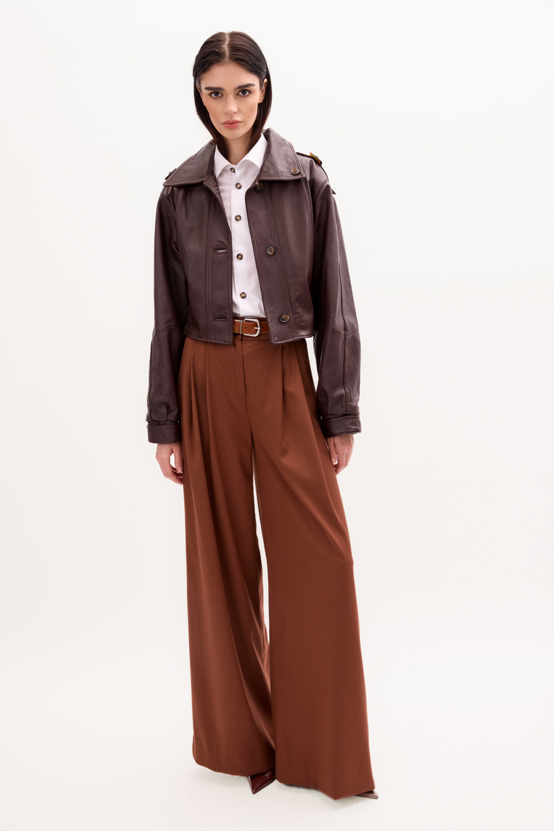 BROWN OVERSIZE LEATHER JACKET WITH HIGH COLLAR