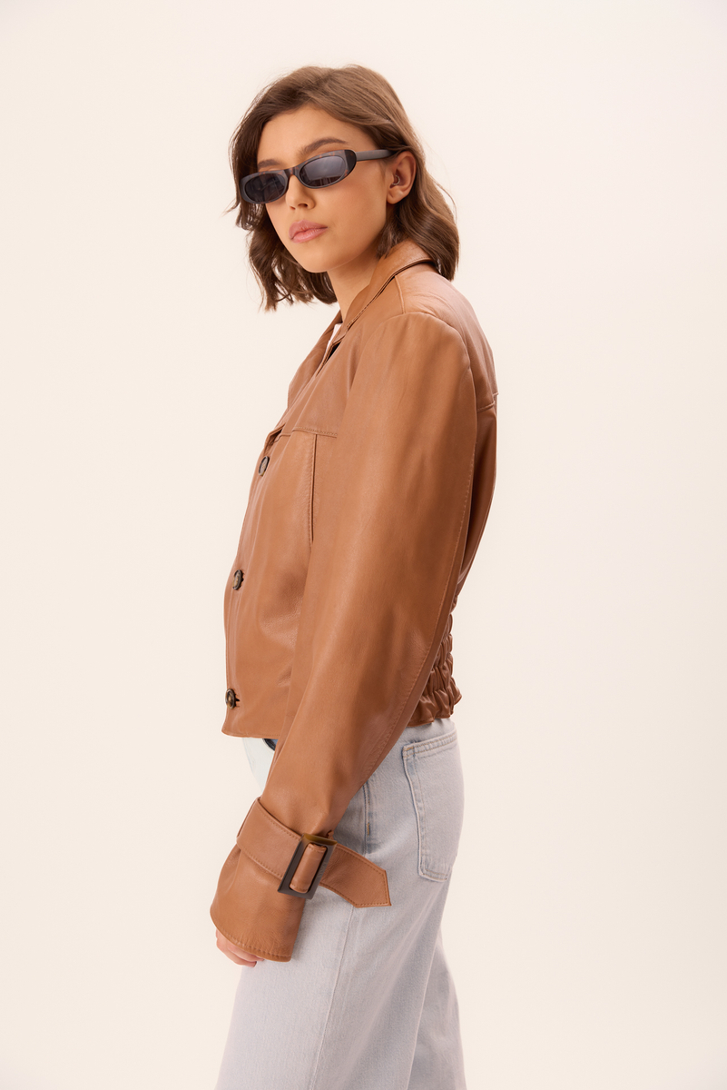LIGHT BROWN LONG WAISTED LEATHER BIKER JACKET WITH BUCKLES