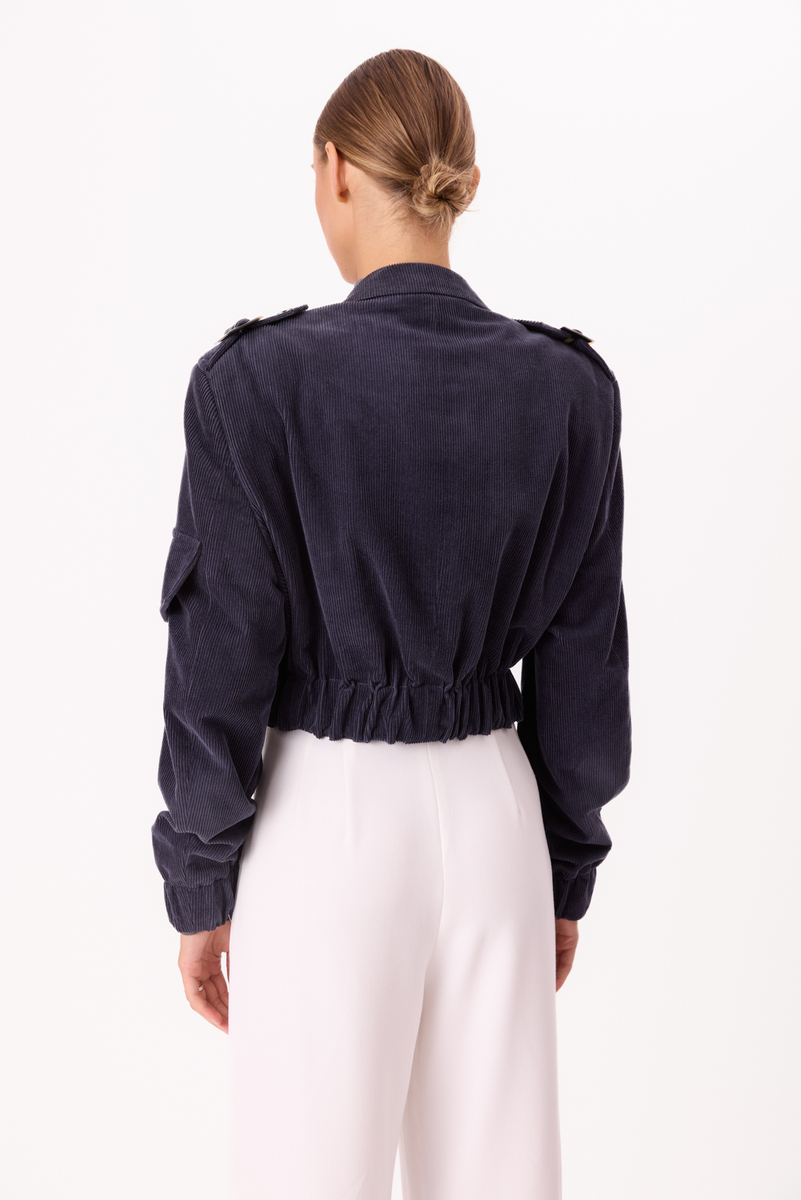 NAVY BLUE VELVET BOMBER JACKET