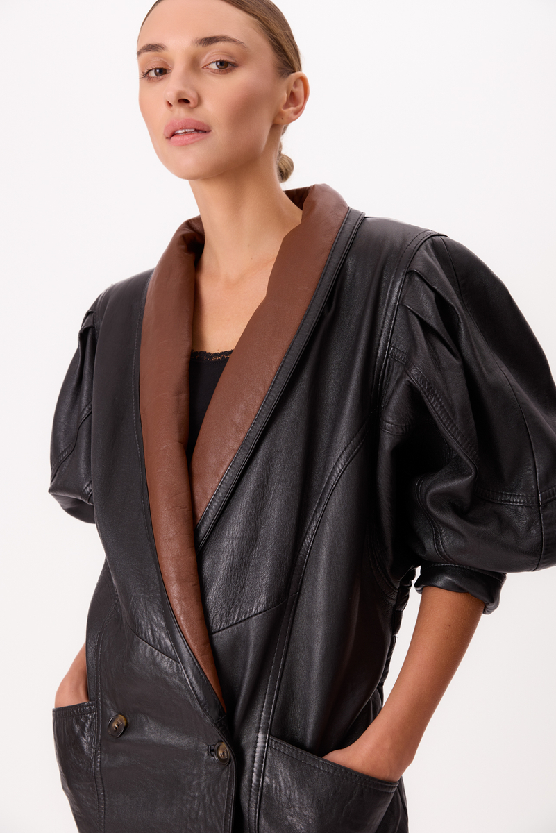 LONG BLACK AND BROWN FITTED LEATHER JACKET WITH WIDE SHOULDER