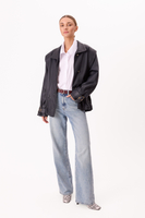 LONG NAVY BLUE LEATHER JACKET WITH POCKETS